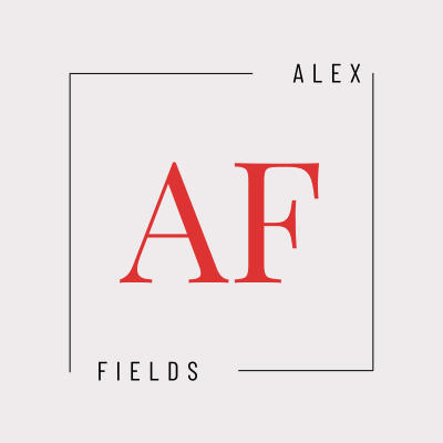 Alex Fields logo. Red AF monogram inside a square frame. Minimalist design for Alex Fields brand.