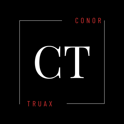 Conor Truax logo: initials CT in white, framed on black. Modern, minimalist design for Conor Truax brand.