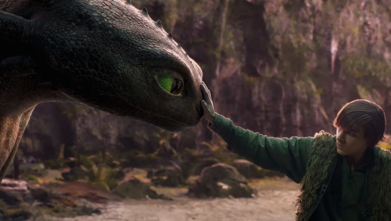 A young boy hesitantly petting the nose of a green-eyed dragon.