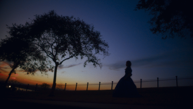 A silhouette of a person in a long dress stands near a fence, with trees nearby, against a colorful sunset sky transitioning from orange to deep blue.