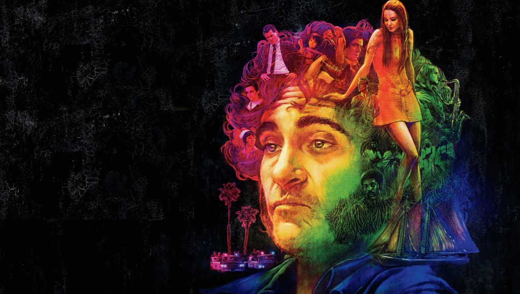 Inherent Vice movie poster. Joaquin Phoenix portrait with psychedelic imagery. Paul Thomas Anderson film.