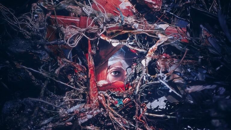 Film review image: Woman's eye peeks through debris. Dark, mysterious, and intriguing movie still.