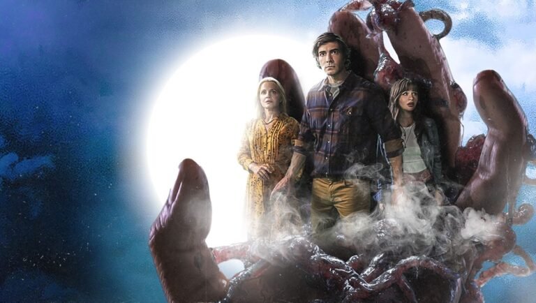 Ick horror movie poster. Family stands on a giant hand with a full moon backdrop. Horror film concept.