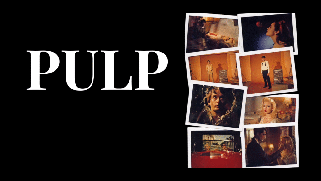 Pulp on Film: How Two Filmmakers Helped the Band Translate Their Work to the Screen Pulp band promo image. Features the band name in bold, alongside Polaroid-style photos of band members.