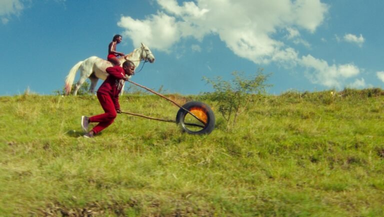 African youth pulling tire, rider on white horse. Visions of the Future, ancestral traditions, cultural identity.