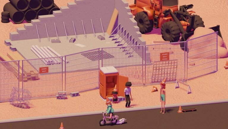 Cartoon construction site with portapotty, bulldozer, pipes, and figures wearing cone hats.