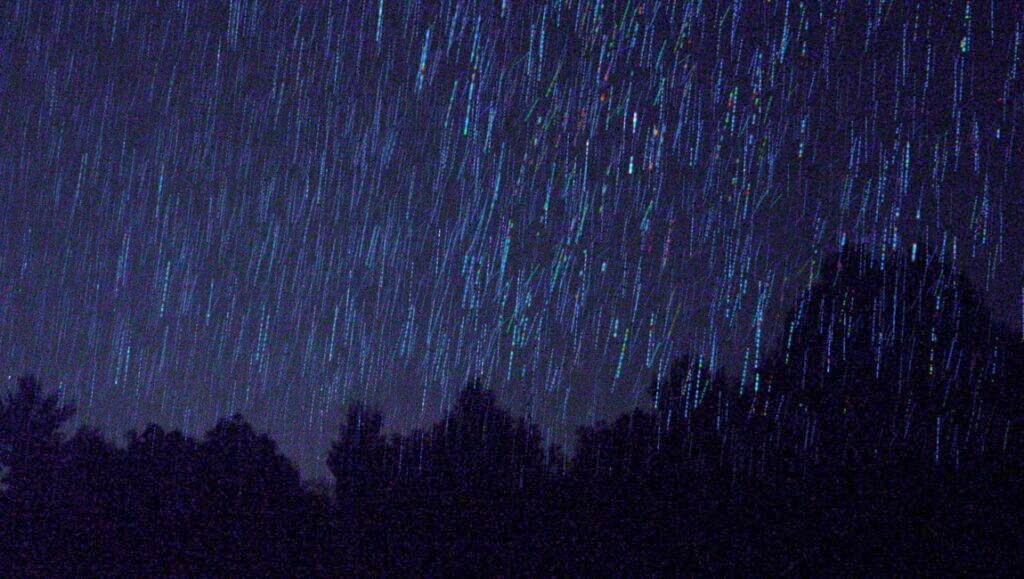 Night sky star trails over dark forest. Astrophotography landscape.