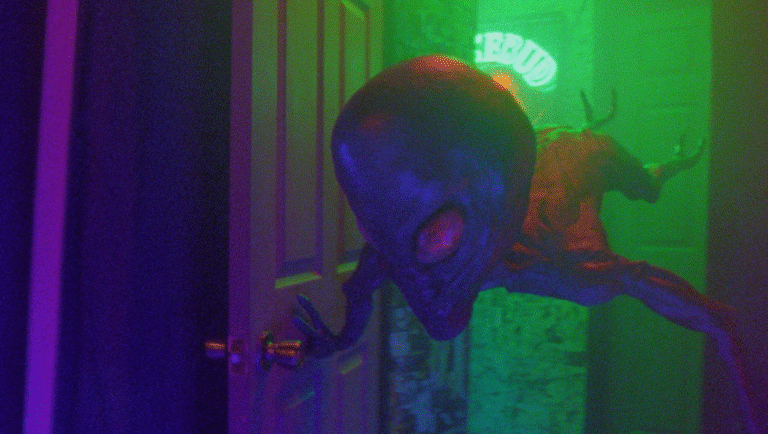 Alien figure in doorway with neon sign. Sci-fi horror scene with extraterrestrial creature.