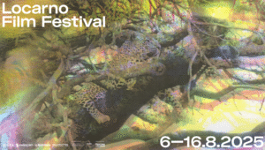 Locarno Film Festival 2025 poster. Leopard in a tree, festival dates 6-16 August. Swiss film event.