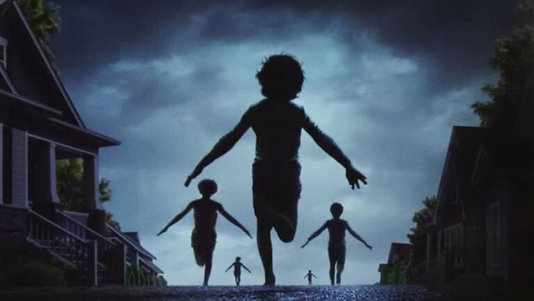 Silhouette of children running in Weapons movie. Dark, ominous sky. Horror film.