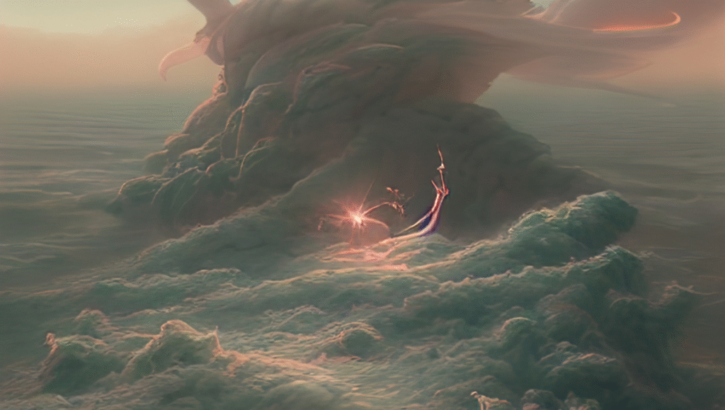 Lovecraftian horror landscape. Eldritch entity in cloudy sky, cosmic horror art, fantasy.