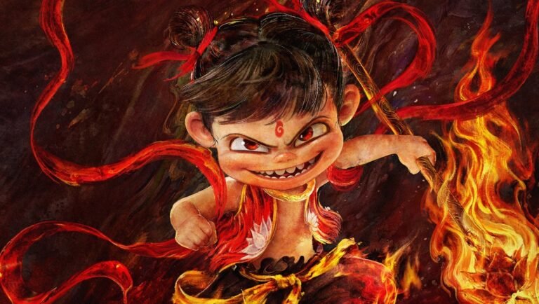 Illustration of Nezha, a Chinese mythological figure, with red ribbons and flames. Fierce expression.