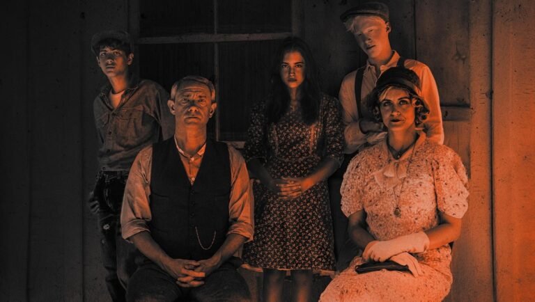 Queen of Bones film cast. Family portrait in vintage clothing. Period drama movie scene. Martin Freeman film.