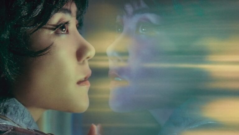 Carina Lau in Wong Kar-wai's *2046*. Close-up of actress with blurred reflection. Hong Kong cinema.
