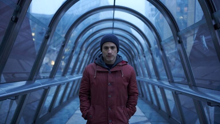Gael García Bernal in The Ugly movie review. Bernal stands in a blue tunnel wearing a red coat and beanie.