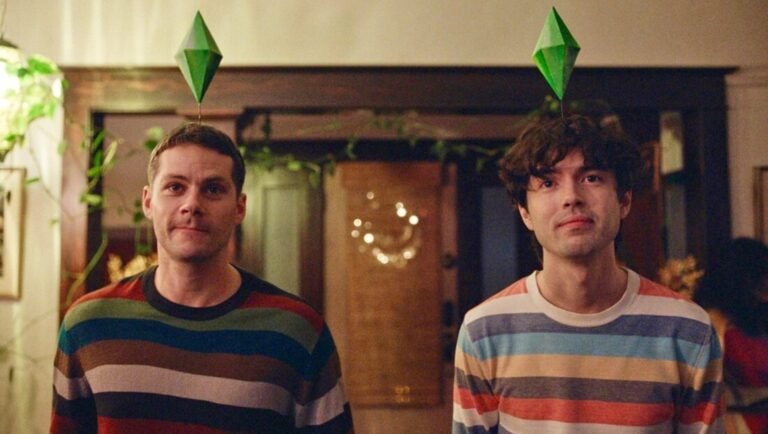 Twinless film review image: Dylan O'Brien and co-star with Sims-like green diamonds above their heads. Striped shirts.