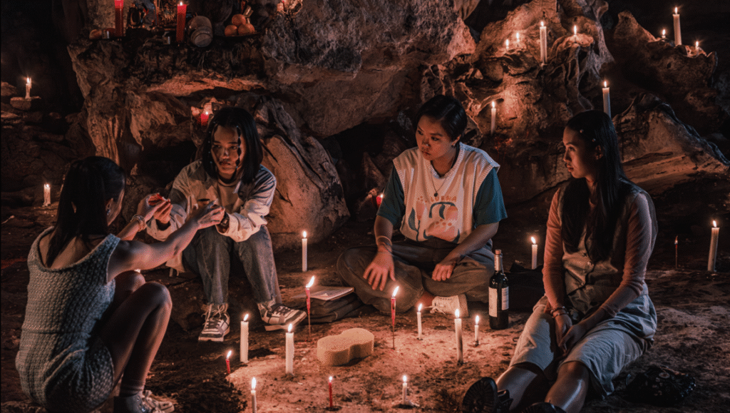 Four women sit in a candlelit cave, possibly performing a ritual. Wine bottle visible.