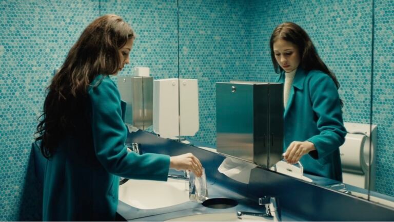 The Currents still: Woman in teal coat at sink with blue tile background. TIFF '25 review.