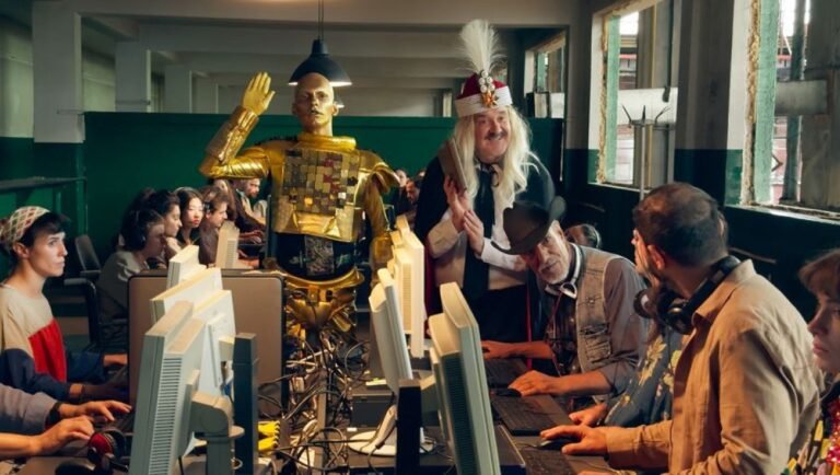 Dracula NYFF '25 review: A golden robot and a man in costume stand over people working at computers.