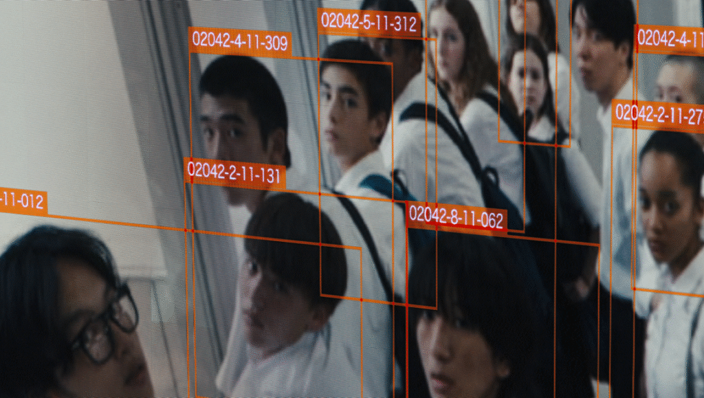 Neo Sora's Happy End film still. Faces of students in white shirts, identified by orange box AI.