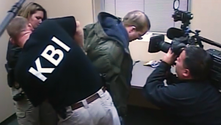KBI agents escorting a suspect, filmed by a cameraman. The Ugly review image.
