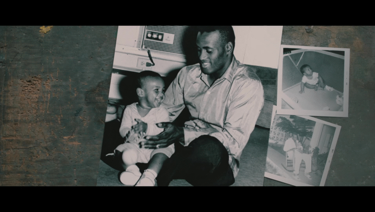 Roberto Clemente with son Clemente Jr. Black and white photos.
