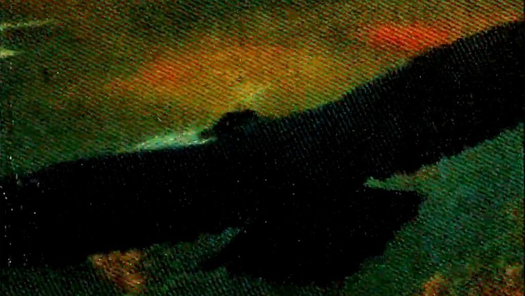 Still from Mines to Cave at Crossroads Film Festival 2025. Abstract image with green, orange, and black.