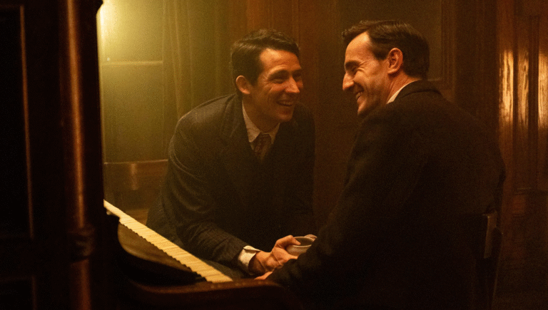 The History of Sound film still. Two men smile at each other near a piano. MUBI review.
