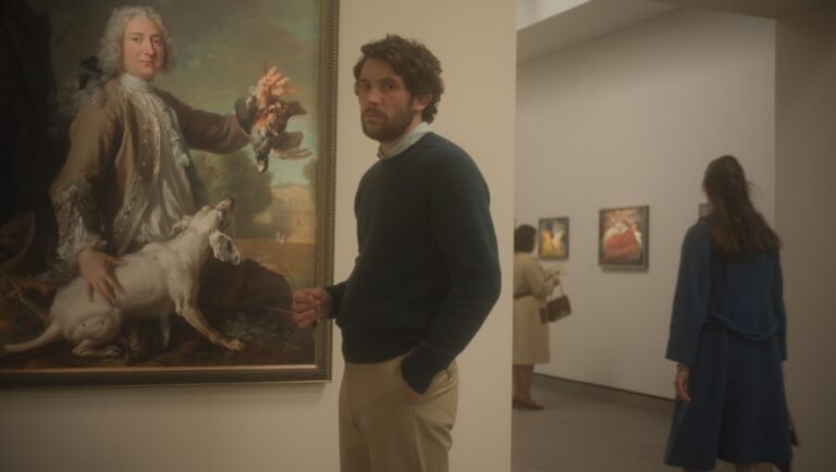 The Mastermind NYFF '25 review: Man views painting of man with dog in art museum.