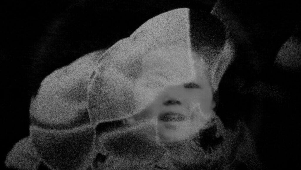 Monochrome portrait of Cherlyn Hsing-Hsin Liu, abstract art.