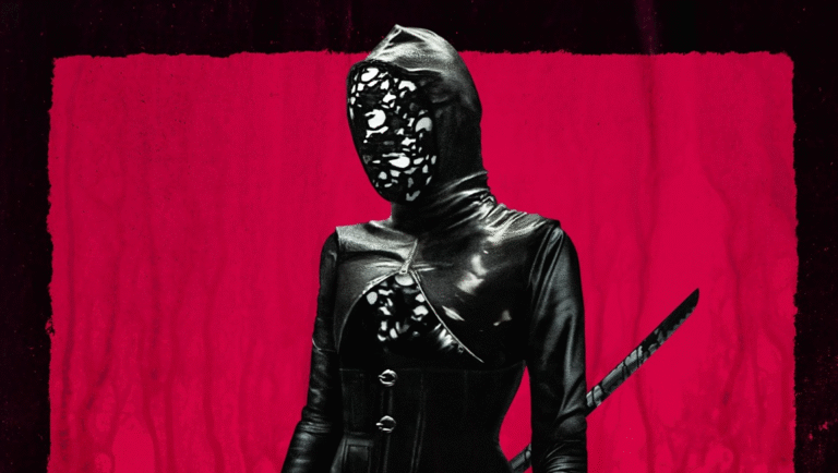 The Ugly movie character. Horror film still of masked figure with a sword on a red background.