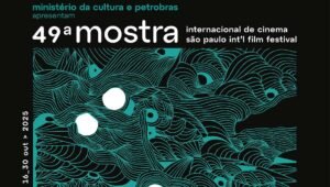49th São Paulo Int'l Film Festival poster. Abstract teal lines on black background. Film event, cinema, culture.