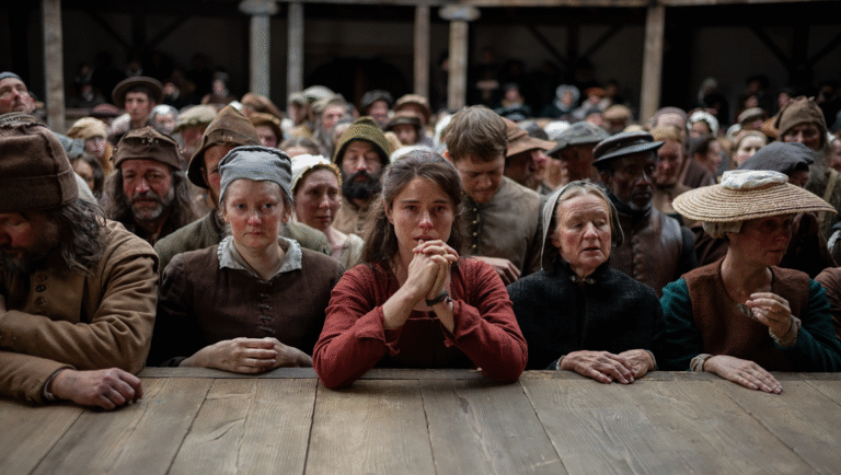 Hamnet play scene: A crowd of diverse people watch intently. Period costumes, serious expressions. Theater performance.