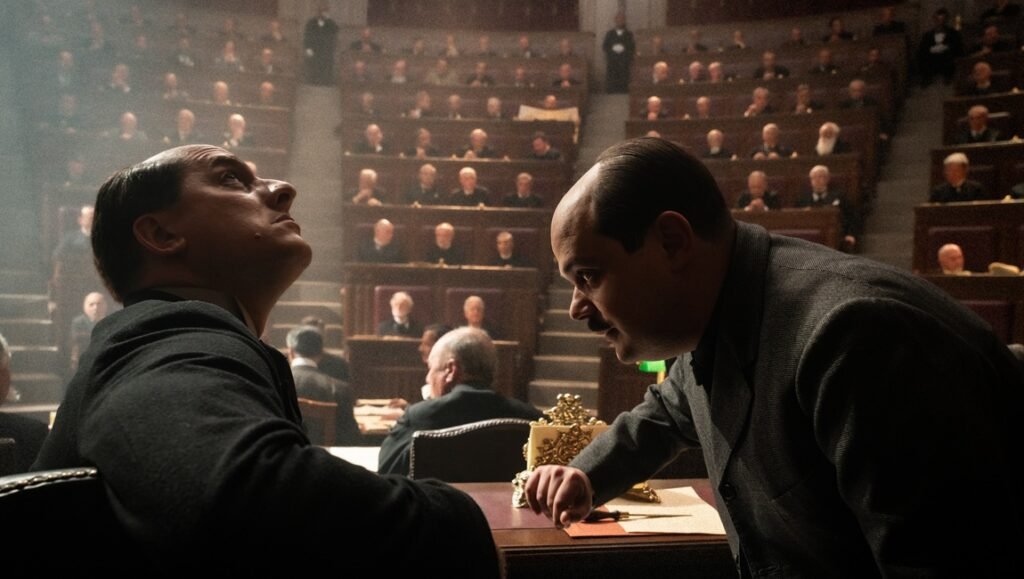 M: Son of the Century. Scene from the series about Mussolini. Men in suits in a crowded room.