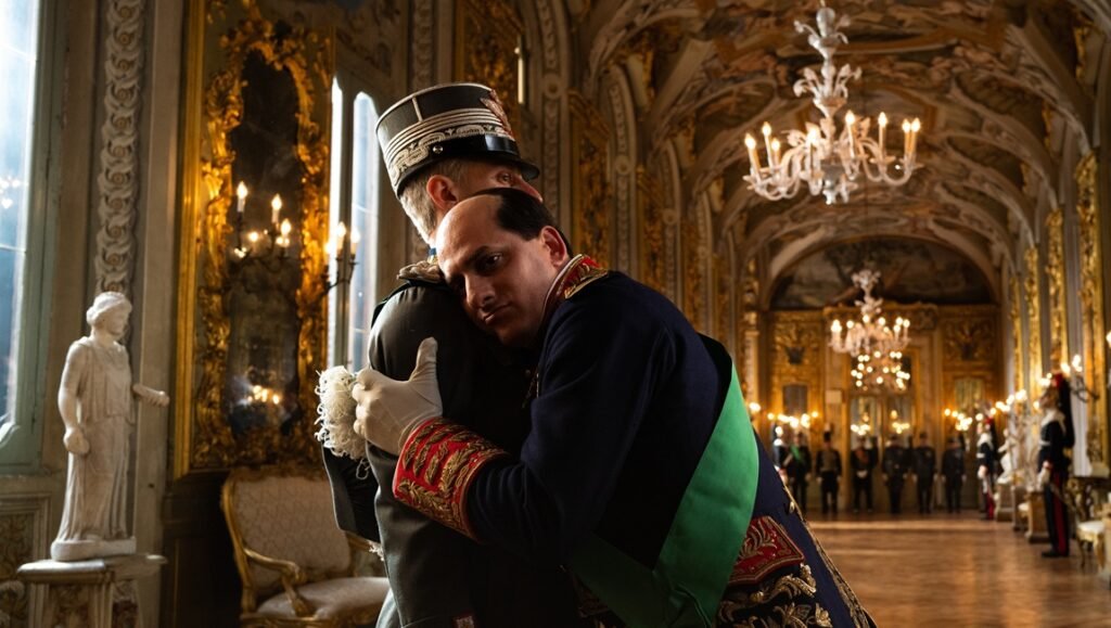 M: Son of the Century scene. Man in military uniform hugs another in a grand hall. Mussolini era.