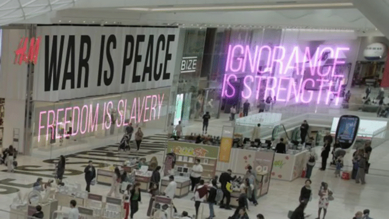 Orwellian display: War is Peace, Freedom is Slavery, Ignorance is Strength in a busy shopping mall. Raoul Peck review.