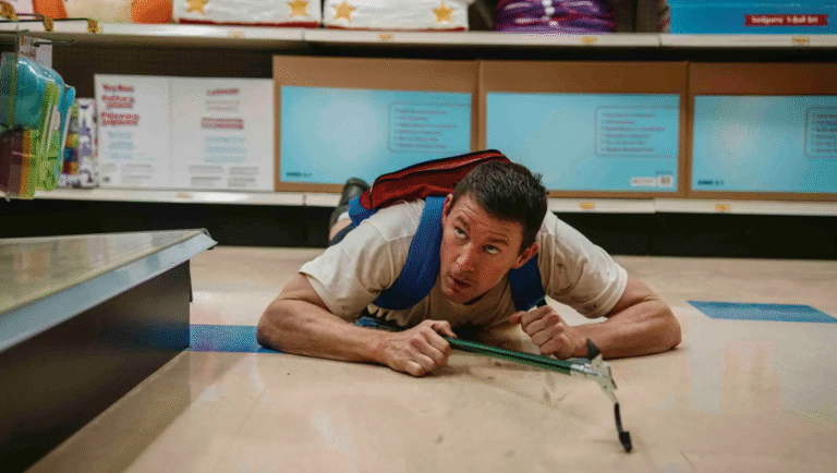 Roofman movie still: Derk Cianfrance film review. Man on floor with grabber tool.