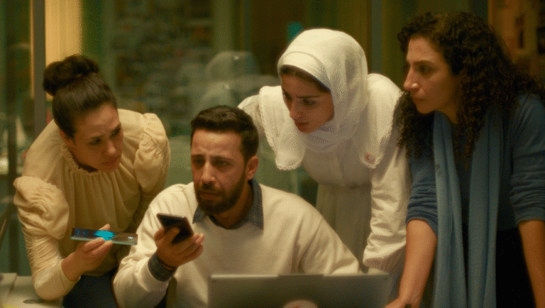 The Voice of Hind Rajab image: Group of concerned people looking at a phone screen. Film still.