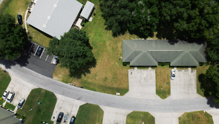Aerial view of The Perfect Neighbor neighborhood. Houses, cars, and green trees. Geeta Gandbhir film review.
