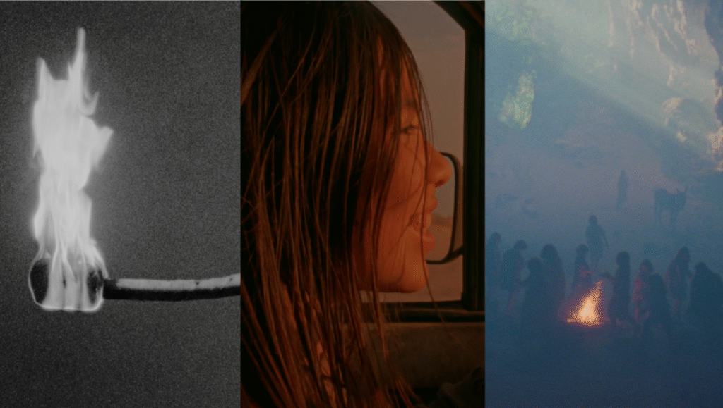 Mare's Nest film stills: torch flame, woman in car, bonfire with figures in fog. Ben Rivers film.