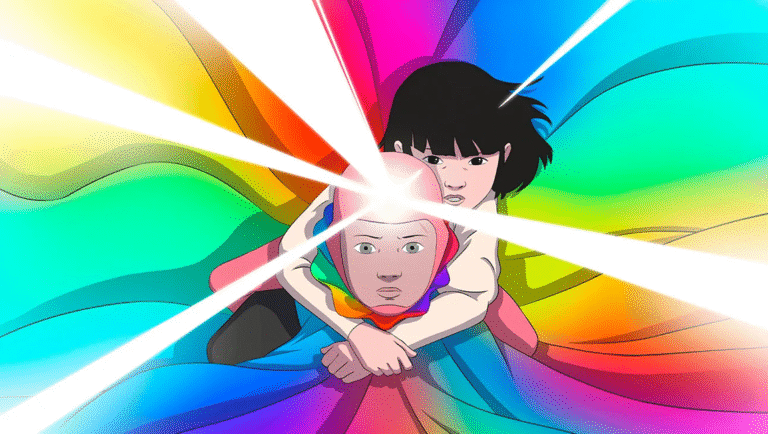 Arco review image: Anime-style art of two characters against a rainbow backdrop, light rays emanating from one's head.