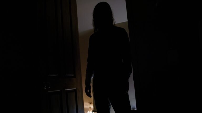 Anniversary movie review: Silhouette of a menacing figure in a doorway. Suspenseful horror scene.