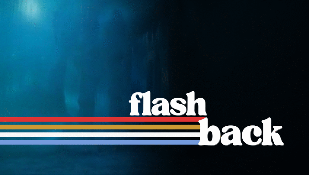 Ice Palace flashback image for Tarjei Vesaas & Per Blom's novel. Retro design with blue background and colorful stripes.