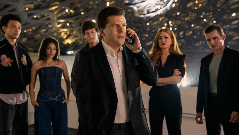 Now You See Me cast photo: Jesse Eisenberg on phone, Isla Fisher. Heist movie promo image. NYSM cast in suits, formal wear.