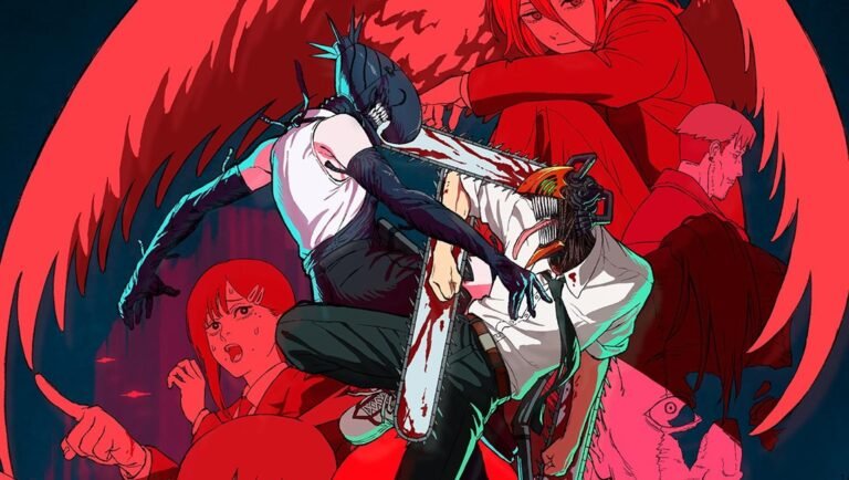 Chainsaw Man Anniversary review image. Reze and Denji in anime style, with red tones.