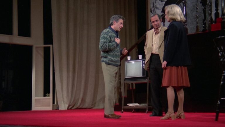 John Cassavetes' Opening Night film still. Actors on stage with TV. Criterion Collection.