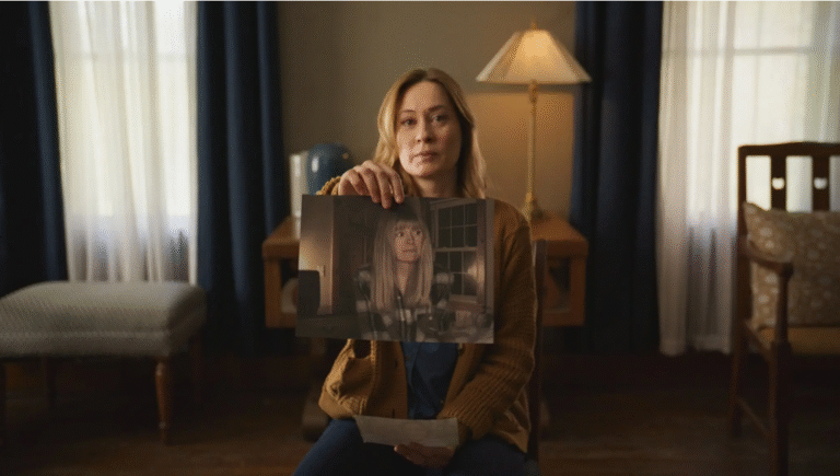 Anniversary movie review: Woman holding a photo of a younger woman in a still from the film.