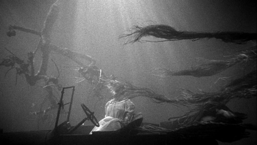 The Night of the Hunter still: Eerie scene of a woman in a submerged car, branches flowing, dramatic lighting, classic film.