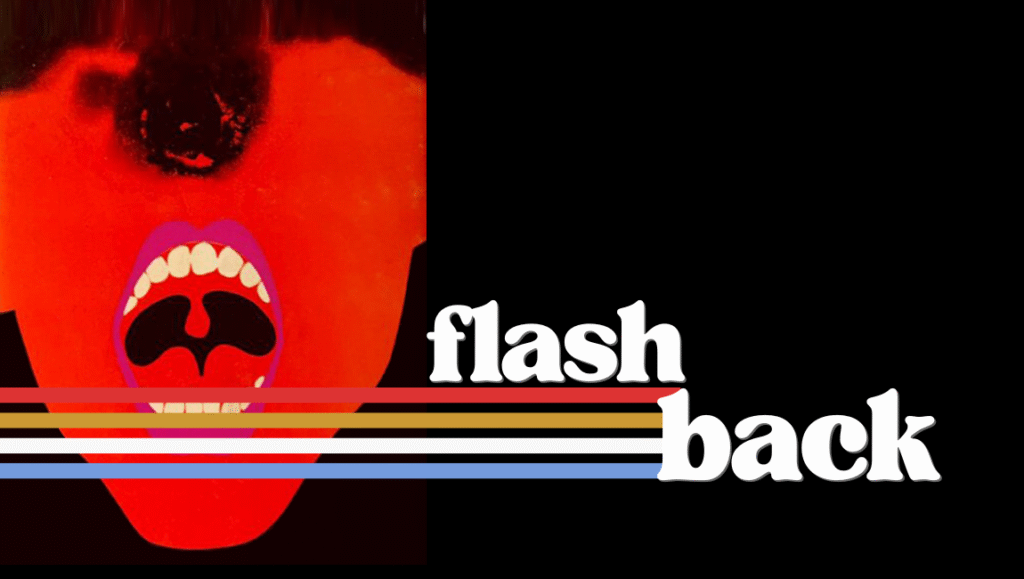 Tiro de gracia flashback. Argentine cinema. Red face with open mouth and colorful stripes. Flashback text.