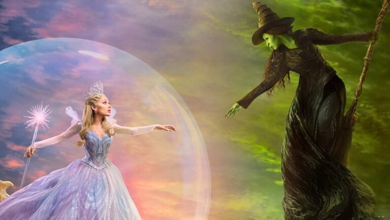 Wicked: For Good movie still featuring Glinda and Elphaba facing each other, promoting the upcoming film adaptation.